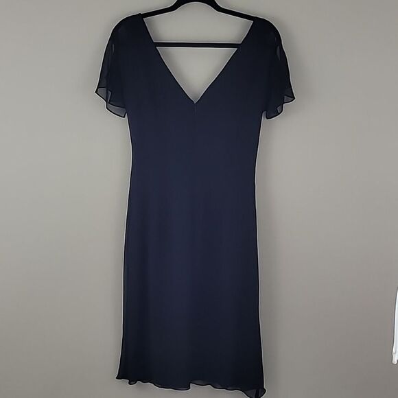 Maggy London 100% silk Black Midi Dress Slit flutter sleeves V-neck Size 10 - Picture 2 of 12